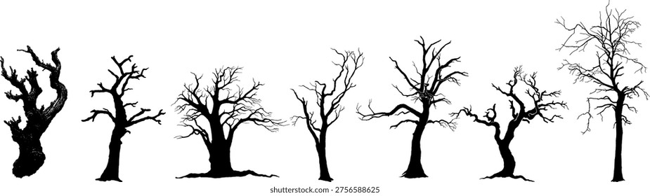 Set of seven leafless, dry tree silhouettes. Versatile vector elements for spooky Halloween backgrounds or winter landscape designs.