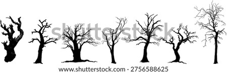 Set of seven leafless, dry tree silhouettes. Versatile vector elements for spooky Halloween backgrounds or winter landscape designs.
