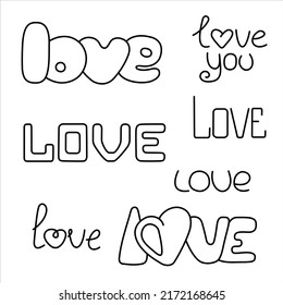 A set of seven line vector words love in different styles, lettering, love theme, valentine's day.