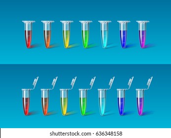 Set of seven micro-test tubes for researches with liquids of colors of the rainbow on blue background. Science concept. Realistic vector illustration. Is suitable for use on a transparent background