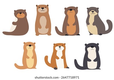 Conjunto de sete lontras vetoriais minimalistas em tons mornos de marrom e bege com poses divertidas. Charmosas ilustrações em design plano, ideais para decoração infantil, marca de vida selvagem, gráficos da web e impressão.