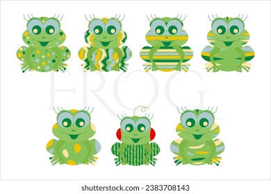 Set of seven multicolored frogs on white background with text frog. Cute collection for kids. Vector illustration	