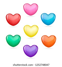 set of seven multicolored hearts isolated on white background with shadow, pink, yellow, green, red, violet, blue, orange, objects, 14 february