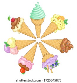 Set of seven multi-colored ice creams in waffle cones arranged in a circle. In cartoon style. Isolated on white background. Vector illustration.