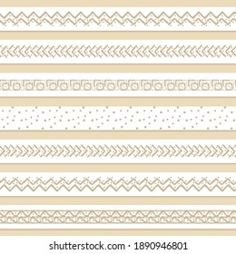 Set of seven pastel patterned brown or beige washi seamless border tapes for scrapbooking. Drawings are composed of triangles, squares and lines shapes on white background