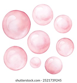 A set of seven pink watercolor bubbles. The bubbles are all different sizes and are arranged in a circle. Scene is playful and whimsical, as the bubbles are bright and colorful