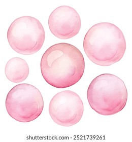 A set of seven pink watercolor bubbles arranged in a circle. The bubbles are all different sizes and are all pink. The image has a soft, calming feel to it