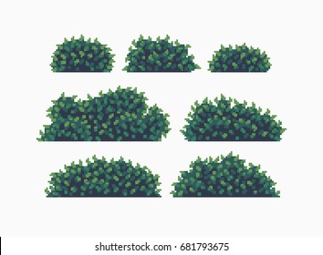 Set of seven pixel art bushes isolated on white background