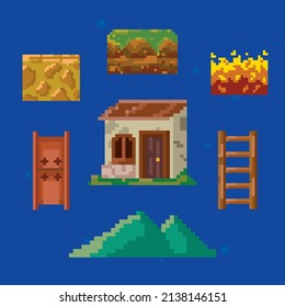 set of seven pixelated icons