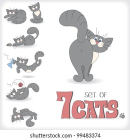 Set of seven playful cats