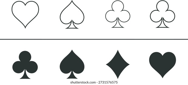 A set of seven playing card suits isolated on transparent background