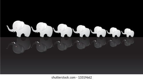Set of seven porcelain elephants with ruby eyes on reflective surface. Feng shui and Buddhism/Hinduism symbol of luck.