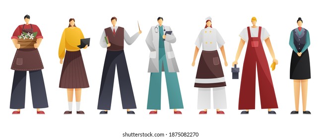 Set of seven professionals. Group of people of different professions isolated on white background. Vector illustration
