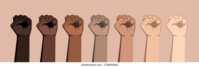 Set of seven raised fists of different shades. Skin of different colors, bright background. Vector illustration.