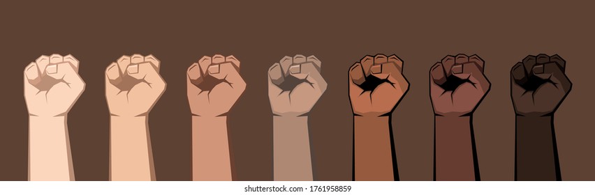 Set of seven raised fists of different shades. Skin of different colors, dark background. Vector illustration.