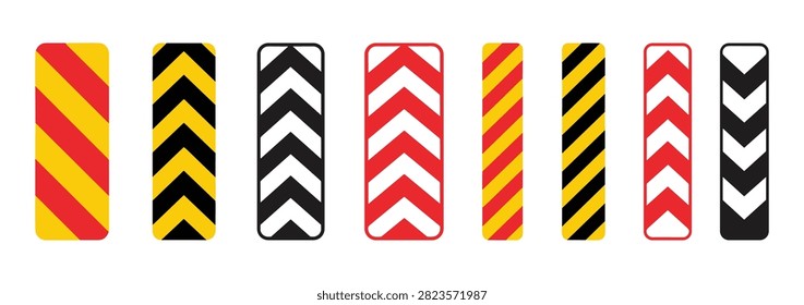 Set of seven rectangular road hazard markers with diagonal stripes and chevron patterns in red yellow black and white colors on a white background