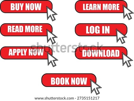 A set of seven red buttons, each with a white text label and a mouse cursor pointer, offers various user actions like buying, learning, and applying.
