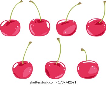 Set of seven red ripe cherries in different angles isolated illustration, fruit ingredient for desserts, icing on the cake, fresh cherries with green tails
