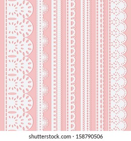 Set of seven seamless white lace ribbons isolated on a pink background. Vector illustration