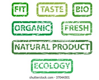 Set of seven stamp or labels with words: fit, taste, bio, organic, fresh, natural product and ecology