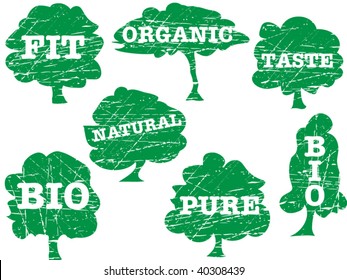Set of seven stamps with words: bio, fit, organic, taste, pure, nature and natural
