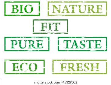 Set of seven stamps with words bio, nature, fit, pure, eco, fresh and taste