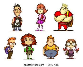 A set of seven students. Colored. Isolated on white background