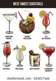 Set of seven summer cocktails, vector illustration, color hand drawn sketch