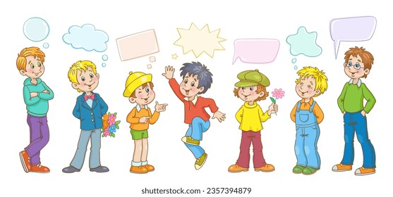 Set of seven teenage boys in different poses and emotions. Picture with speech bubbles. In cartoon style. Isolated on white background. Vector illustration