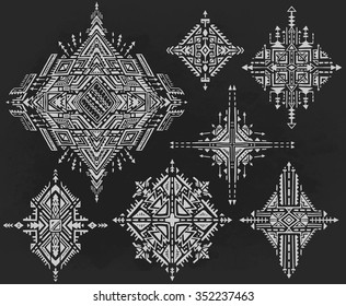 Set of seven tribal art boho hand drawn geometric patterns. Ethnic print  in black and white. Fabric, cloth design, wallpaper, wrapping