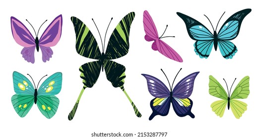 Set of seven tropical butterflies, hand drawn vector illustrations