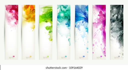 set of seven varicolored banners, abstract headers with blots