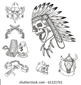 Set from seven vector compositions in style of the Wild West