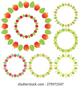 Set of seven vector fruit frames. Cute collection of wreath made of hand drawn leaves and fruits. Vintage set for invitations, postcard, save the date cards and other design. 