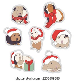 Set of seven vector Guinea pigs in Santa hat and red scarf isolated on white background. 