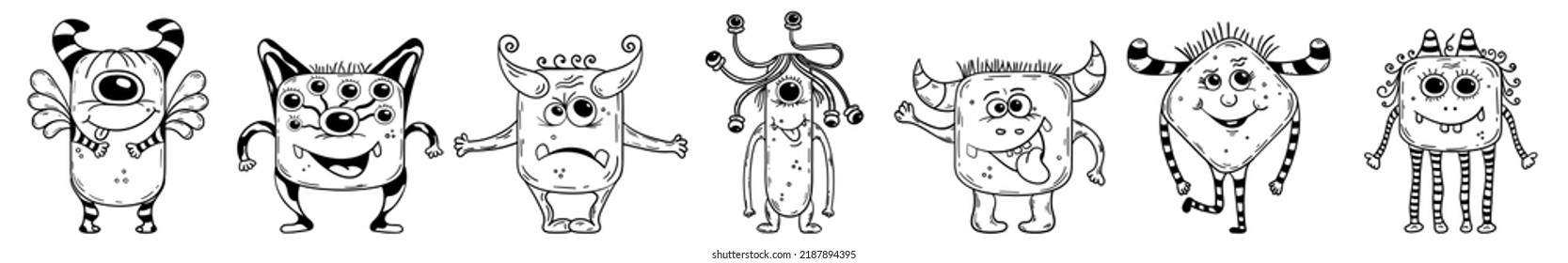 Set of seven vector monsters with rectangular and square bodies. Funny hand drawn monsters. Vector black and white animals. Cartoon aliens. Set of seven characters for your design. Colouring in