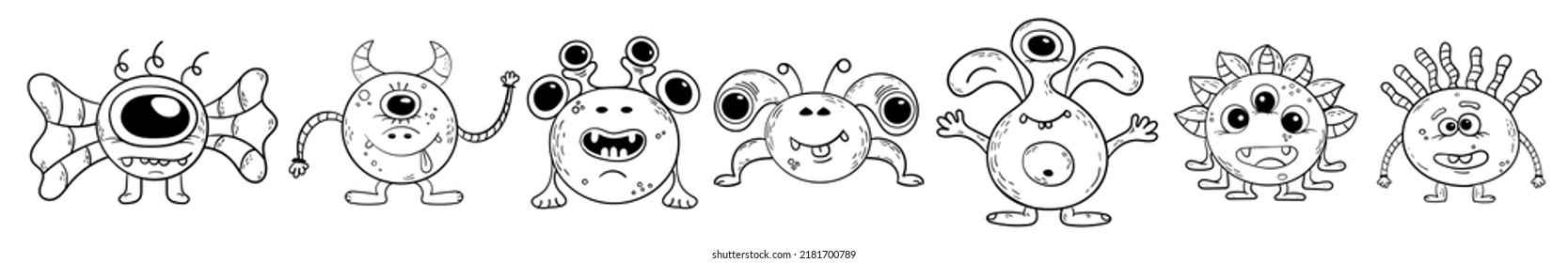 Set Of Seven Vector Monsters With Round Torso. Funny Hand Drawn Characters. Vector Black And White Monsters. Cartoon Aliens. Set Of Seven Elements For Your Design. Colouring In.