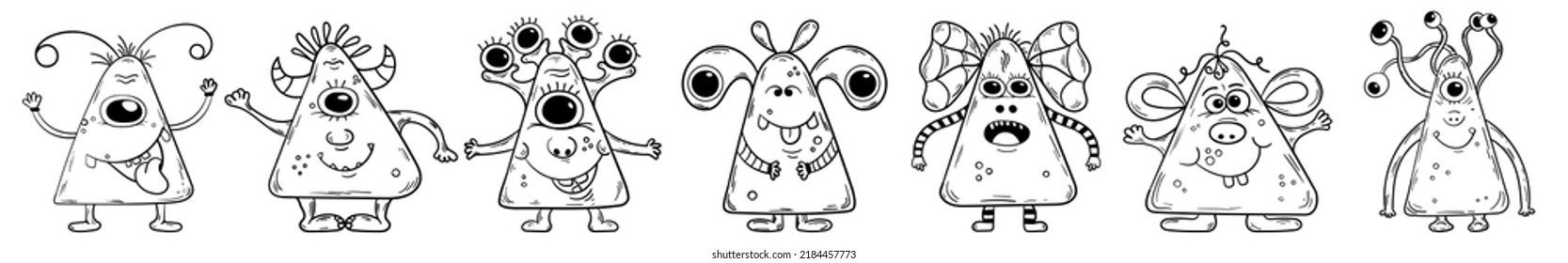 Set of seven vector monsters with triangular bodies. Funny hand drawn monsters
 Vector black and white beasts. Cartoon aliens. Set of seven characters for your design. Colouring in.