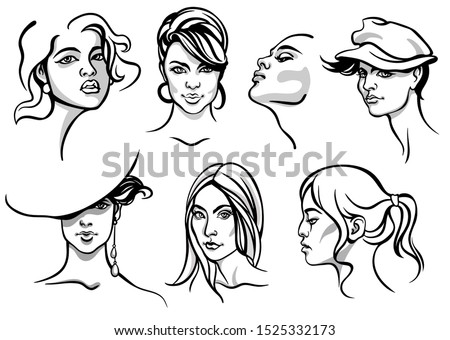 Set of seven vector portrait drawings of young beautiful Caucasian and Asian women. Sexy, attractive. Various hairstyles and makeup, hand drawn, line art, isolated. Collection of fashion illustrations