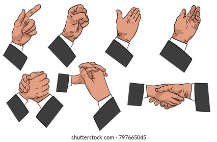 Set of seven vector symbols. gestures with your hands. Hands in business suits. Business solutions. Advantageous transactions