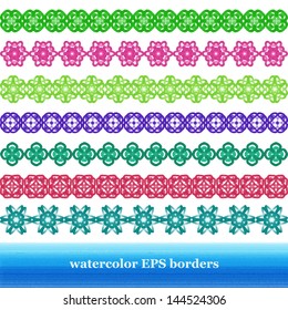 Set of seven vector watercolor hand draw borders.