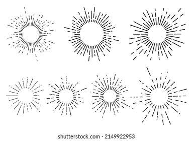 Set of seven vintage sunburst, sun rays, sunbeams, vector design elements for your design