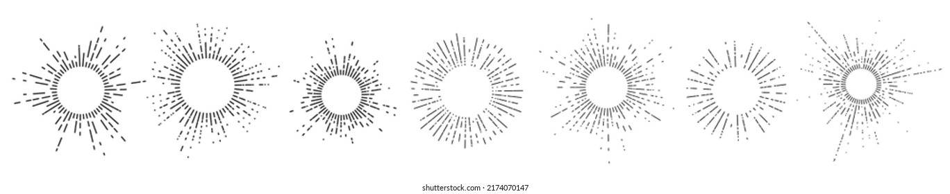 Set of seven vintage sunburst, sun rays, sunbeams, vector design elements for your design.