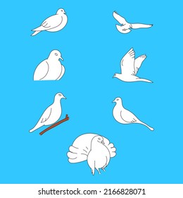 Set of Seven white doves line art illustration on blue background. Beautiful pigeons faith and love symbol.