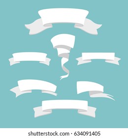 Set of seven white ribbon with shadow, on turquoise background. Vector illustration.