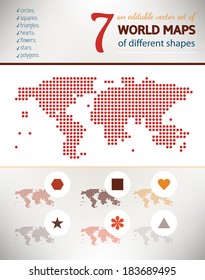 Set of seven world map, each built of different geometric shapes. Vector.