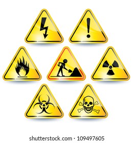 Set of seven yellow warning signs