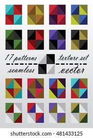 Set of seventeen vector seamless geometrical patterns, multicolored textures (with swatches).
