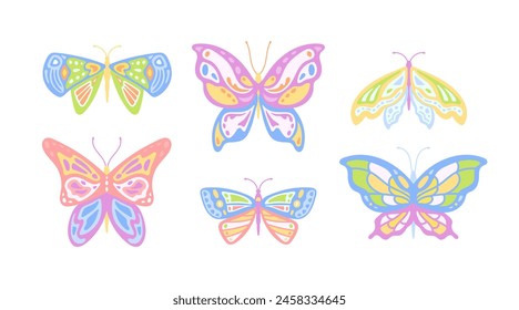 Set of seventh butterfly stickers in y2k style. Multicolored tropical abstract insects, hippie summer graphic, vintage isolated vector illustration. Groovy 70s fly in pastel colors.