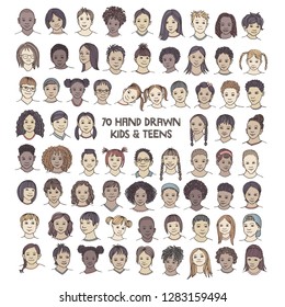 Set of seventy hand drawn children's faces, colorful and diverse portraits of kids and teens of different ethnicities